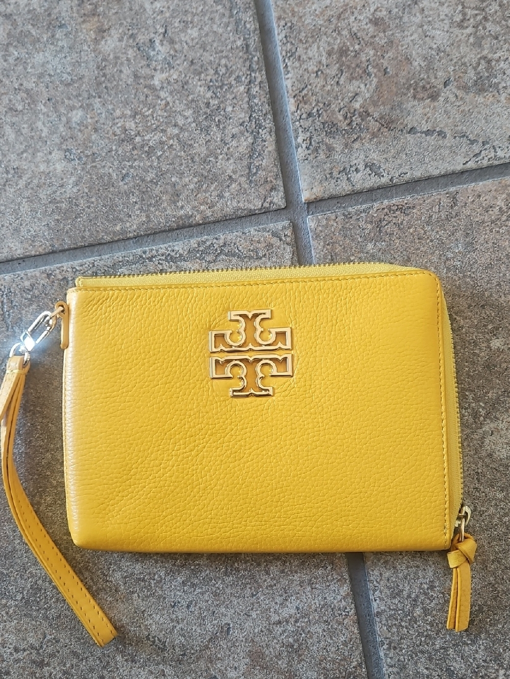 Tory Burch Yellow Pebbled Leather Wristlet with Gold Logo